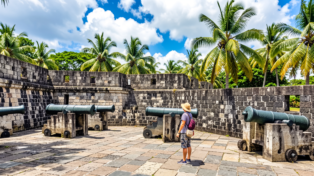 Tourist at Fort Santiago stone walls cannons palm trees