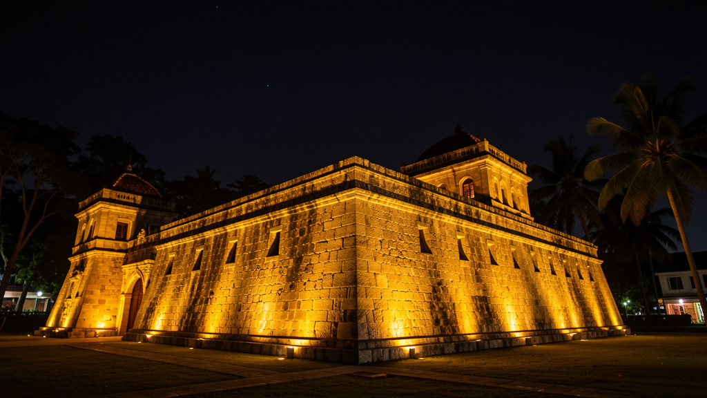 Fort Santiago illuminated at night golden lights Manila